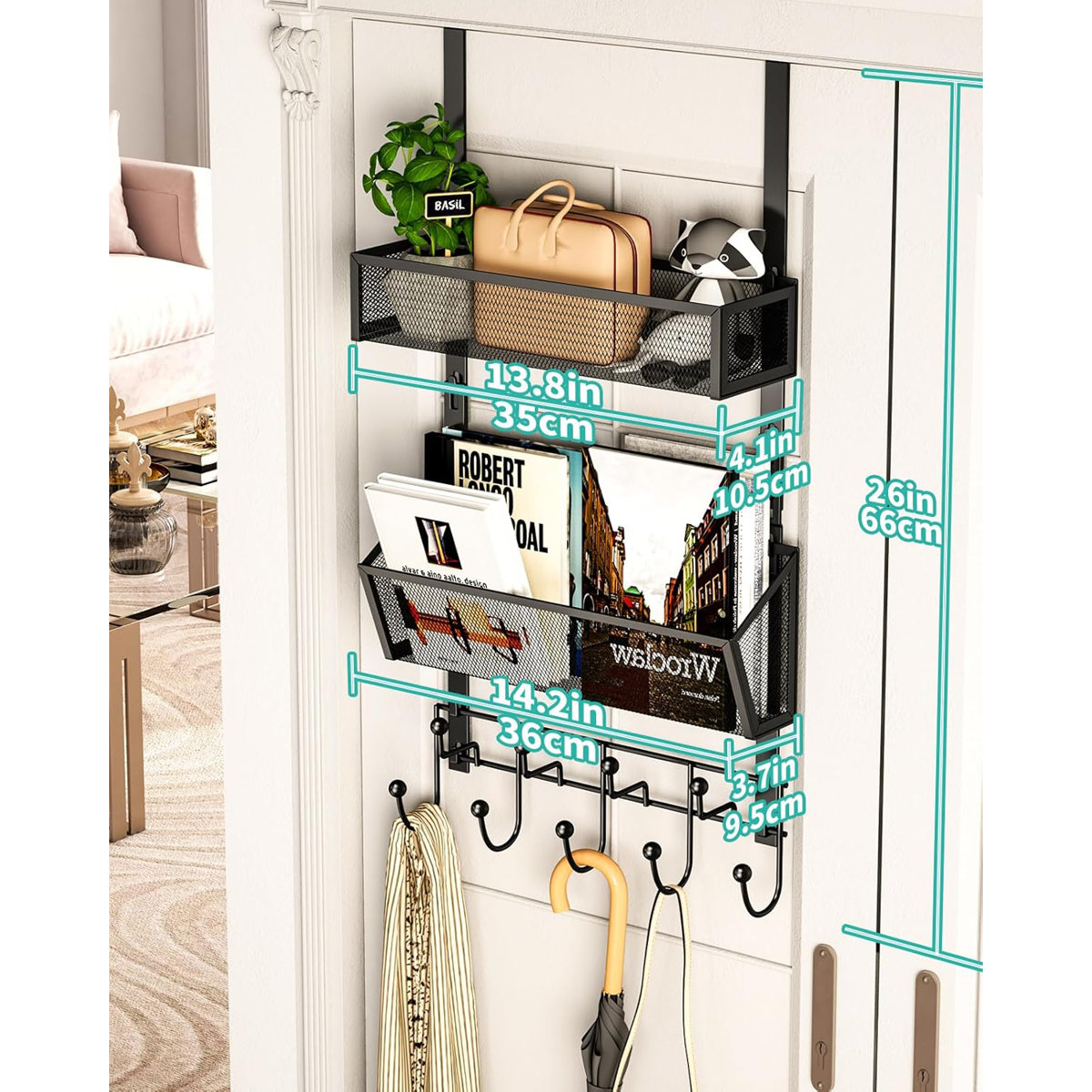 Over The Door Hooks With Storage Baskets, 9-Hook Rustproof Stainless Steel Door Hanger Organizer For Bathroom Kitchen Bedroom